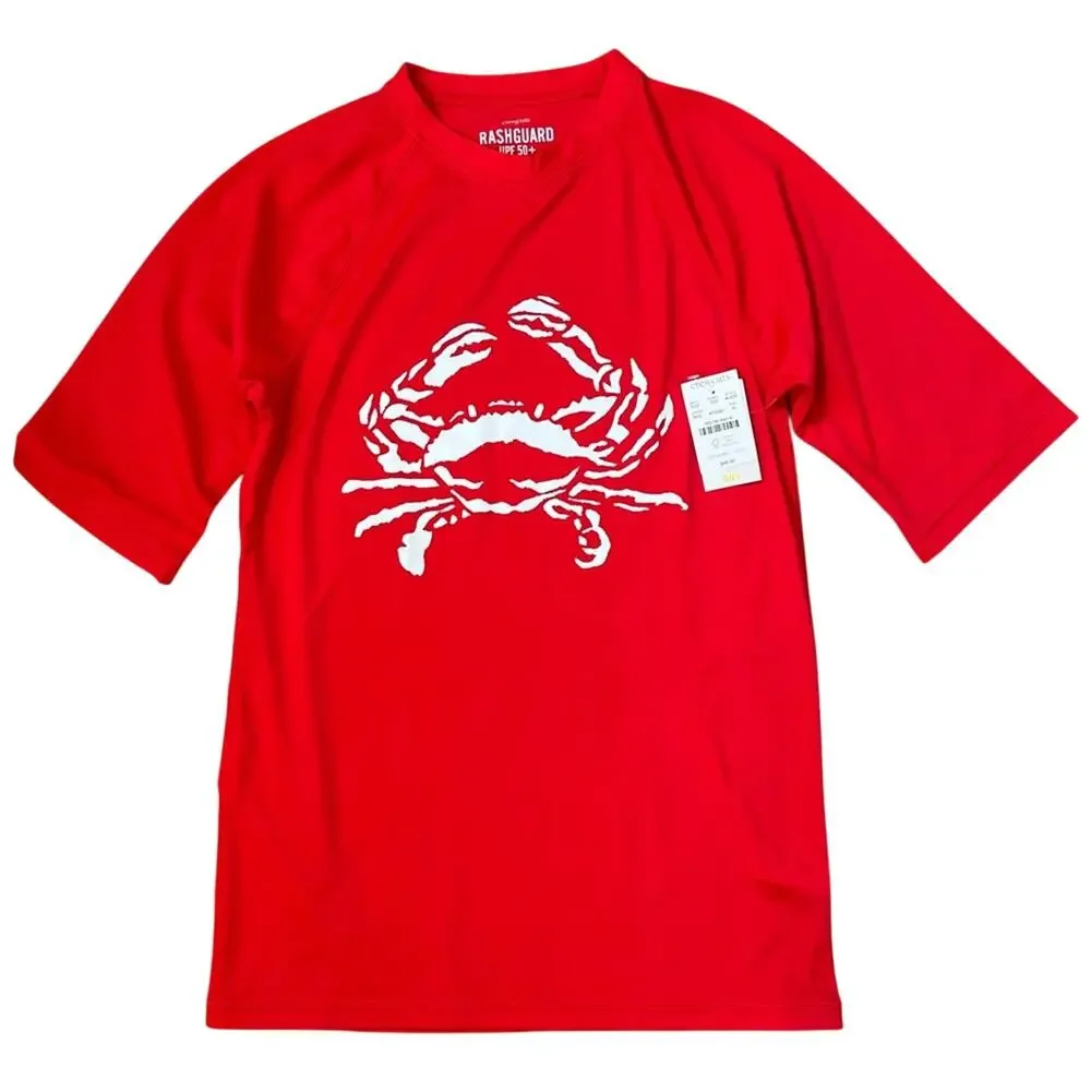 Crewcuts Rash Guard Swim Shirt Boys XL Red White Crab Graphic Short Sleeve NWT